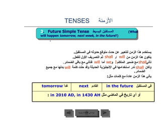 الأزمنة   TENSES يستخدم هذا الزمن للتعبير عن حدث متوقع حدوثه في المستقبل . يتكون هذا الزمن من   او  ثم التصريف الأول للفعل .   تأتي   مع ضمير المتكلم   و   أما   فتأتي مع باقي الضمائر . ولكن   ندر استخدامها في الإنجليزية الحديثة وقد حلت كلمة   بدلها مع جميع الضمائر .  يأتي هذا الزمن عادة مع كلمات مثل : 3 .  shall  will shall we  I will shall will 3 .  Future Simple Tense   المستقبل البسيط  (What will happen  tomorrow, next week, in the future ?) عودة إلى القائمة الرئيسية غداً   tomorrow  القادم   next  في المستقبل  in the future   أو أي تاريخ في الماضي مثل  in 2010 AD, in 1430 AH  :  عودة إلى القائمة الرئيسية التالي السابق 