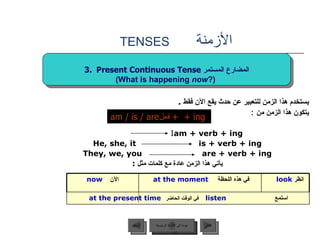 الأزمنة  TENSES يستخدم هذا الزمن للتعبير عن حدث يقع الآن فقط  . يتكون هذا الزمن من   : I  am + verb + ing He, she, it  is + verb + ing They, we, you  are + verb + ing يأتي هذا الزمن عادة مع كلمات مثل  : am / is / are فعل  +  + ing  Present Continuous Tense  المضارع المستمر (What is happening  now ?)   عودة إلى القائمة الرئيسية الآن   now في هذه اللحظة   at the moment   انظر   look  استمع   listen  في الوقت الحاضر  at the present time   عودة إلى القائمة الرئيسية التالي السابق 