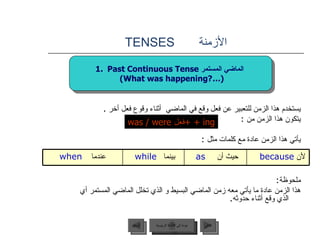 الأزمنة  TENSES يستخدم هذا الزمن للتعبير عن فعل وقع في الماضي  أثناء وقوع فعل أخر  . يتكون هذا الزمن من  : يأتي هذا الزمن عادة مع كلمات مثل  : ملحوظة : هذا الزمن عادة ما يأتي معه زمن الماضي البسيط و الذي تخلل الماضي المستمر أي الذي وقع أثناء حدوثه . was / were  فعل +  + ing Past Continuous Tense  الماضي المستمر   (What was happening? … ) عودة إلى القائمة الرئيسية عندما  when بينما   while   حيث أن  as   لأن  because   عودة إلى القائمة الرئيسية التالي السابق 