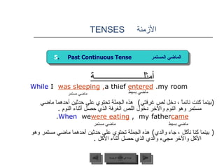 الأزمنة  TENSES أمثلــــــــــــــــــــــة While   I   was sleeping ,  a thief   entered   my room. ( بينما كنت نائماً ، دخل لص غرفتي )  هذه الجملة تحتوي على حدثين أحدهما ماضي مستمر وهو النوم والآخر دخول اللص الغرفة الذي حصل أثناء النوم  . When  we  were eating ,  my father  came . (  بينما كنا نأكل ، جاء والدي )  هذه الجملة تحتوي على حدثين أحدهما ماضي مستمر وهو الأكل والآخر مجيء والدي الذي حصل أثناء الأكل  . ماضي مستمر ماضي بسيط ماضي مستمر ماضي بسيط 5 .  Past Continuous Tense  الماضي المستمر عودة إلى القائمة الرئيسية عودة إلى القائمة الرئيسية التالي السابق 
