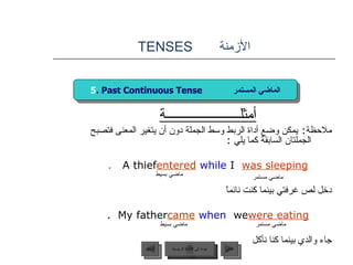 الأزمنة   TENSES أمثلــــــــــــــــــــــة ملاحظة :  يمكن وضع أداة الربط وسط الجملة دون أن يتغير المعنى فتصبح الجملتان السابقة كما يلي  : A thief  entered   while   I   was sleeping  . دخل لص غرفتي بينما كنت نائماً  My father  came   when  we  were eating  . جاء والدي بينما كنا نأكل ماضي مستمر ماضي بسيط ماضي بسيط ماضي مستمر 5 . Past Continuous Tense  الماضي المستمر عودة إلى القائمة الرئيسية عودة إلى القائمة الرئيسية التالي السابق 