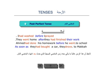الأزمنة  TENSES أمثلــــــــــــــــــــــة I  had washed   before  I  prayed .  They   went   home  after  they   had finished   their   work . Ahmed  had done  his homework  before  he  went  to school. As soon as  they  had bought  a car, they  drove  to Makkah. لاحظ أن هذا الزمن غالباً ما يأتي معه زمن الماضي البسيط الذي حدث  بعد  انتهاء الماضي التام . 8 .  Past Perfect Tense  الماضي التام عودة إلى القائمة الرئيسية عودة إلى القائمة الرئيسية التالي السابق 