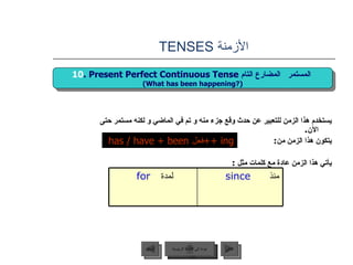 الأزمنة  TENSES  يستخدم هذا الزمن للتعبير عن حدث وقع جزء منه و تم في الماضي و لكنه مستمر حتى الآن .  يتكون هذا الزمن من : يأتي هذا الزمن عادة مع كلمات مثل  : has / have + been  فعل + + ing I I 10 . Present Perfect Continuous Tense  المستمر   المضارع التام   (What has been happening?) عودة إلى القائمة الرئيسية عودة إلى القائمة الرئيسية التالي السابق لمدة  for   منذ  since   
