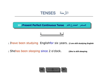 الأزمنة  TENSES  أمثلــــــــــــــــــــــة I  have been studying  English  for  six years.   (I   am still studying English ) She  has been sleeping   since   2 o ’ clock.   (She is still sleeping ) 10 . Present Perfect Continuous Tense  المستمر   المضارع التام عودة إلى القائمة الرئيسية عودة إلى القائمة الرئيسية التالي السابق 