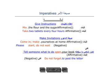 صيغة الأمر   Imperatives أمثلــــــــــــــــــــــة إعطاء تعليمات   Give Instructions     إثبات   (Affirmative)   Mix  the flour and the sugar.    إثبات   (Affirmative)  Take  two tablets every four hours.   صيغة الدعوى   Make Invitations     إثبات   (Affirmative)  Come in; make  yourselves at home.  Please   start; do not wait  (Negative)  f  نفي   or me.  إخبار شخص ما سيفعله   Tell someone what to do  open  your book.     إثبات   (Affirmative)  Do not forget  to post the letter.     نفي   (Negative)  عودة إلى القائمة الرئيسية عودة إلى القائمة الرئيسية التالي السابق 