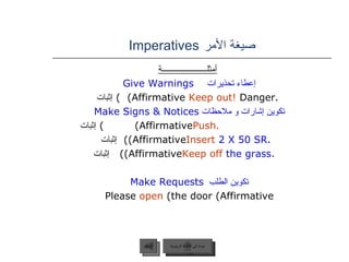 صيغة الأمر   Imperatives عودة إلى القائمة الرئيسية السابق أمثلــــــــــــــــــــــة إعطاء تحذيرات   Give Warnings   Keep out!  Danger.    (Affirmative)  إثبات تكوين إشارات و ملاحظات   Make Signs & Notices  Push.     (Affirmative)  إثبات Insert   2 X 50 SR.     (Affirmative)  إثبات Keep off   the grass. .    (Affirmative)  إثبات تكوين الطلب   Make Requests   Please  open  the door (Affirmative)  عودة إلى القائمة الرئيسية 