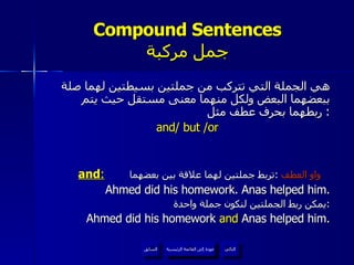 Compound Sentences جمل مركبة هي الجملة التي تتركب من جملتين بسيطتين لهما صلة ببعضهما البعض ولكل منهما معنى مستقل حيث يتم ربطهما بحرف عطف مثل :  and/ but /or and :   واو العطف   : تربط جملتين لهما علاقة بين بعضهما   Ahmed did his homework. Anas helped him. يمكن ربط الجملتين لنكون جملة واحدة  : Ahmed did his homework  and  Anas helped him. عودة إلى القائمة الرئيسية عودة إلى القائمة الرئيسية التالي السابق 