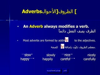 Adverbs الظروف  [ الأحوال ]   An  Adverb  always modifies a verb.   الظرف يصف الفعل دائماً Most adverbs are formed by adding  to the adjectives. معظم الظروف تكوّن بإضافة  للصفة . slow   slowly nice   nicely happy   happily careful   carefully عودة إلى القائمة الرئيسية التالي ly ly عودة إلى القائمة الرئيسية 