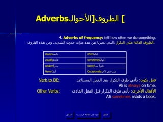 Adverbs الظروف  [ الأحوال ]   4.  Adverbs of frequency :  tell how often we do something. الظروف الدالة على التكرار   : التي تخبرنا عن عدد مرات حدوث الشيء .  ومن هذه الظروف :   Verb to BE:   فعل يكون :  يأتي ظرف التكرار بعد الفعل المساعد  Ali is  always  on time. Other Verbs:   الأفعال الأخرى :  يأتي ظرف التكرار قبل الفعل العادي  Ali  sometimes  reads a book. عودة إلى القائمة الرئيسية عودة إلى القائمة الرئيسية التالي السابق always دائماً  often غالباً  usually عادة  sometimes أحياناً  seldom نادراً  Rarely نادراً جداً  Never أبداً  Occasionally من حي لآخر  