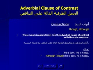 Adverbial Clause of Contrast الجمل الظرفية الدالة على التناقض Conjunctions :  أدوات الربط though, although These words (conjunctions) link the adverbial clause of contrast with the main sentence. أدوات الربط هذه تربط الجمل الظرفية الدالة على التناقض مع الجملة الرئيسية .  مثال : He is poor.  He is happy. Although  ( though ) he is poor, he is happy. عودة إلى القائمة الرئيسية عودة إلى القائمة الرئيسية التالي السابق 