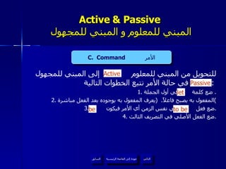 Active & Passive   المبني للمعلوم و المبني للمجهول للتحويل من المبني للمعلوم  إلى المبني للمجهول  في حالة الأمر نتبع الخطوات التالية  :  1.  ضع كلمة  في أول الجملة .  2.  المفعول به يصبح فاعلاً .  ( يعرف المفعول به بوجوده بعد الفعل مباشرة ) 3.  ضع فعل  في نفس الزمن أي الأمر فيكون  . 4.  ضع الفعل الأصلي في التصريف الثالث . be Active to be Passive C.  Command  الأمر let عودة إلى القائمة الرئيسية عودة إلى القائمة الرئيسية التالي السابق 
