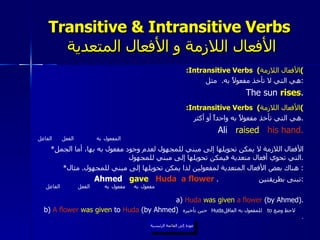 Transitive & Intransitive Verbs   الأفعال اللازمة و الأفعال المتعدية : Intransitive Verbs  ( الأفعال اللازمة ) هي التي لا تأخذ مفعولاً به .  مثل : The sun  rises . : Intransitive Verbs  ( الأفعال اللازمة ) هي التي تأخذ مفعولاً به واحداً أو أكثر . Ali  raised   his hand. * الأفعال اللازمة لا يمكن تحويلها إلى مبني للمجهول لعدم وجود مفعول به بها، أما الجمل التي تحوي أفعال متعدية فيمكن تحويلها إلى مبني للمجهول . * هناك بعض الأفعال المتعدية لمفعولين لذا يمكن تحويلها إلى مبني للمجهول .  مثال :  Ahmed  gave   Huda   a flower   .  تبنى بطريقتين : a)  Huda   was   given   a flower  (by Ahmed). b)  A flower   was given  to  Huda  (by Ahmed)   لاحظ وضع  للمفعول به العاقل  حين تأخيره  . عودة إلى القائمة الرئيسية الفاعل مفعول   به الفعل مفعول   به to Huda عودة إلى القائمة الرئيسية الفاعل المفعول   به الفعل 