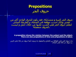 Prepositions   حروف الجر حروف الجر كثيرة و متشابكة، فقد يكون للحرف الواحد أكثر من معنى وذلك حسب موقعه في الجملة .  و الطريقة المثلى لتعلم حروف الجر هي التدرب عليها من خلال جمل و ليست كحروف منفصلة . A preposition shows the relation between the subject and the object. There are also prepositions of time and prepositions of place. تدل حروف الجر على العلاقة بين الفاعل و المفعول به و يوجد أيضاً حروف جر دالة على الزمن و حروف جر دالة على المكان .  عودة إلى القائمة الرئيسية التالي عودة إلى القائمة الرئيسية 