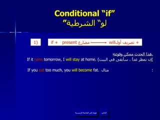 Conditional “if” ” لو“ الشرطية هذا الحدث ممكن وقوعه . If it  rains  tomorrow, I  will stay  at home.  ( إن تمطر غداً ، سأبقى في البيت ) If you  eat  too much, you  will become  fat.   مثال :  عودة إلى القائمة الرئيسية التالي عودة إلى القائمة الرئيسية if +   present  مضارع   will تصريف أول  +  1 )   