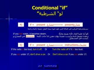 Conditional “if” ” لو“ الشرطية يستخدم هذا التركيب في الحالة التي تكون فيها نتيجة الفعل حقيقة دائمة و ثابتة . If you  boil  water, it becomes steam.  ( لو أننا غلينا الماء، فأنه يصبح بخاراً ) و هذه حقيقة ثابتة و ليست مقيدة بوقت معين لذا جاءت كلمة  في المضارع و ليست في المستقبل . عودة إلى القائمة الرئيسية السابق If the radio  is  too loud,  turn it off .  Or  Turn the radio off  if it  is  too loud. If you  are  under 17,  don’t drive a car.   Or  Don’t drive a car  if you  are  under 17. becomes عودة إلى القائمة الرئيسية if +   present  مضارع   present مضارع  4)   if +   present  مضارع   instructions تعليمات  5 )   