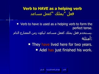 Verb to HAVE as a helping verb   فعل ”يملك “  كفعل مساعد Verb to have is used as a helping verb to form the perfect tense. يستخدم فعل يملك كفعل مساعد ليكون زمن  المضارع  التام . أمثلة : They  have  lived here for two years. Adel  has  just finished his work. عودة إلى القائمة الرئيسية عودة إلى القائمة الرئيسية التالي السابق 