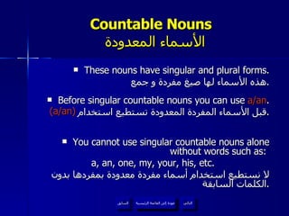 Countable Nouns    الأسماء المعدودة These nouns have singular and plural forms. هذه الأسماء لها صيغ مفردة و جمع . Before singular countable nouns you can use  a/an . قبل الأسماء المفردة المعدودة تستطيع استخدام  . You cannot use singular countable nouns alone without words such as:  a, an, one, my, your, his, etc. لا نستطيع استخدام أسماء مفردة معدودة بمفردها بدون الكلمات السابقة . عودة إلى القائمة الرئيسية السابق (a/an) عودة إلى القائمة الرئيسية التالي 