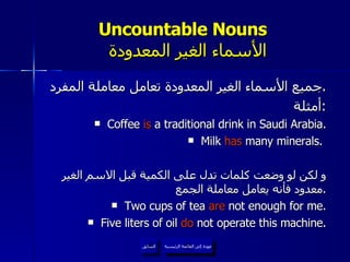 Uncountable Nouns    الأسماء الغير المعدودة جميع الأسماء الغير المعدودة تعامل معاملة المفرد . أمثلة : Coffee  is  a traditional drink in Saudi Arabia. Milk  has  many minerals.  و لكن لو وضعت كلمات تدل على الكمية قبل الاسم الغير معدود فأنه يعامل معاملة الجمع . Two cups of tea  are  not enough for me. Five liters of oil  do  not operate this machine. عودة إلى القائمة الرئيسية السابق عودة إلى القائمة الرئيسية 