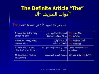 The Definite Article “The”   أدوات التعريف ”أل“ The  is used before:  تستخدم أداة التعريف ”أل“ قبل :  عودة إلى القائمة الرئيسية عودة إلى القائمة الرئيسية التالي السابق A noun that is the only one of its kind.  الاسم الذي لا يوجد من نوعه سوى واحد فقط . The  river Nile  The  Ka’aba Names of rivers, seas, oceans, etc…. أسماء الأنهار و البحار ........ الخ . The  Arabian Gulf  The  Red Sea A noun which is the object of  a sentence. الاسم الذي يكون مفعول به لجملة . Umar answered  the  question. The names of musical instruments. أسماء الآلات الموسيقية . Can you play  the  duff? 