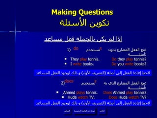 Making Questions    تكوين الأسئلة إذا لم يكن بالجملة فعل مساعد 1)  مع الفعل المضارع بدون  نستخدم  : أمثلـــــــــة : They  play  tennis.  Do  they  play  tennis? I  write  books. Do  you  write  books? 2)  مع الفعل المضارع الذي به  نستخدم  : أمثلـــــــــة : ِ Ahmed  plays  tennis.  Does  Ahmed  play  tennis? Huda  watch  TV. Does  Huda  watch  TV? لاحظ إعادة الفعل إلى أصله  ( التصريف الأول )  و ذلك لوجود الفعل المساعد لاحظ إعادة الفعل إلى أصله  ( التصريف الأول )  و ذلك لوجود الفعل المساعد s s do does عودة إلى القائمة الرئيسية عودة إلى القائمة الرئيسية التالي السابق 