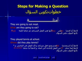 Steps for Making a Question    خطوات  تكوين السؤال أمثلــــــــــــــــــــــة   :  They are going to eat meat. What  are they going to eat? *  لاحظ أننا قدمنا  على  لأنها هي الفعل المساعد ثم حذفنا كلمة  لأنها الجواب على السؤال . They played tennis at school. Where  did they play tennis? *  لاحظ أننا استخدمنا  لعدم وجود فعل مساعد و لأن الفعل في الماضي .  و لاحظ أيضاً حذف  من الفعل لإعادته ألى أصله .  و لاحظ أننا حذفنا  لأنها الجواب على السؤال . they  are meat did ed at school عودة إلى القائمة الرئيسية عودة إلى القائمة الرئيسية التالي السابق 