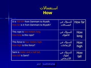 استعمالات  How  عودة إلى القائمة الرئيسية السابق عودة إلى القائمة الرئيسية It is  450 KM  from Dammam to Riyadh. How far  is it from Dammam to Riyadh? للسؤال عن المسافات How far This rope is  two meters long. How long  is this rope? للسؤال عن الأطوال How long This fence is  four meters high. How high  is this fence? للسؤال عن الإرتفاعات How high Sami is  meter and a half tall. How tall  is Sami? للسؤال عن أطوال الأشخاص How tall 