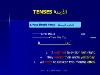 TENSES  الأزمنة   I, He, She, it  was   They, We, You were أمثلــــــــــــــــــــــة I  watched  television  last   night. They  visited  their uncle  yesterday . We  went  to Makkah two months  often . 2. Past Simple Tense   الماضي البسيط   عودة إلى القائمة الرئيسية عودة إلى القائمة الرئيسية التالي السابق 