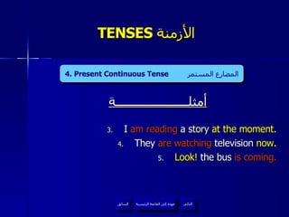 TENSES  الأزمنة  أمثلــــــــــــــــــــــة I   am reading   a story  at the moment . They  are watching  television  now . Look!  the bus  is coming. 4. Present Continuous Tense  المضارع المستمر عودة إلى القائمة الرئيسية عودة إلى القائمة الرئيسية التالي السابق 