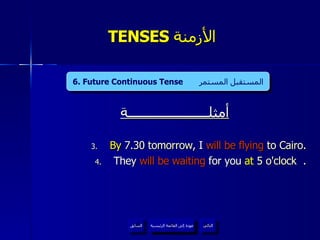 TENSES  الأزمنة  أمثلــــــــــــــــــــــة By  7.30 tomorrow,  I  will be flying  to Cairo . They  will be waiting  for you  at  5 o'clock  . 6. Future Continuous Tense  المستقبل المستمر عودة إلى القائمة الرئيسية عودة إلى القائمة الرئيسية التالي السابق 