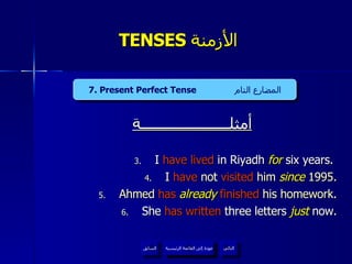 TENSES  الأزمنة  أمثلــــــــــــــــــــــة I  have lived  in Riyadh  for  six years.  I  have  not  visited  him  since  1995. Ahmed  has   already   finished  his homework . She  has written  three letters  just  now. 7. Present Perfect Tense  المضارع التام عودة إلى القائمة الرئيسية عودة إلى القائمة الرئيسية التالي السابق 