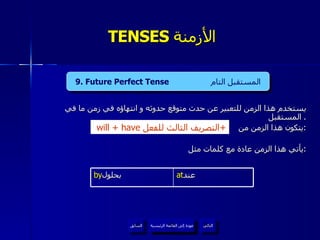 TENSES  الأزمنة  يستخدم هذا الزمن للتعبير عن حدث متوقع حدوثه و انتهاؤه في زمن ما في المستقبل .  يتكون هذا الزمن من : يأتي هذا الزمن عادة مع كلمات مثل  : 4. Present Continuous Tense  المضارع المستمر   will + have  التصريف الثالث للفعل + I I 9. Future Perfect Tense  المستقبل التام عودة إلى القائمة الرئيسية عودة إلى القائمة الرئيسية التالي السابق by بحلول  at عند  