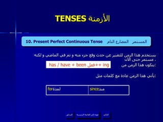 TENSES  الأزمنة  يستخدم هذا الزمن للتعبير عن حدث وقع جزء منه و تم في الماضي و لكنه مستمر حتى الآن .  يتكون هذا الزمن من : يأتي هذا الزمن عادة مع كلمات مثل  : 4. Present Continuous Tense  المضارع المستمر   has / have + been  فعل + + ing I I 10 . Present Perfect Continuous Tense  المستمر   المضارع التام عودة إلى القائمة الرئيسية عودة إلى القائمة الرئيسية التالي السابق for لمدة  since منذ  