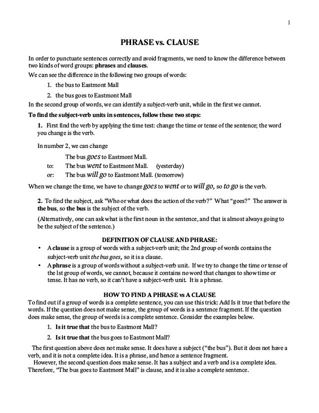 Grammar Handout Phrase Vs Clause
