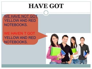 HAVE GOT
WE HAVE NOT GOT
YELLOW AND RED
NOTEBOOKS.

WE HAVEN T GOT
YELLOW AND RED
NOTEBOOKS.
 