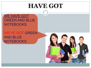 HAVE GOT
WE HAVE GOT
GREEN AND BLUE
NOTEBOOKS.

WE’VE GOT GREEN
AND BLUE
NOTEBOOKS.
 