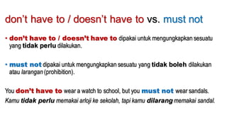 don’t have to / doesn’t have to vs. must not
• don’t have to / doesn’t have to dipakai untuk mengungkapkan sesuatu
yang tidak perlu dilakukan.
• must not dipakai untuk mengungkapkan sesuatu yang tidak boleh dilakukan
atau larangan (prohibition).
You don’t have to wear a watch to school, but you must not wear sandals.
Kamu tidak perlu memakai arloji ke sekolah, tapi kamu dilarang memakai sandal.
 