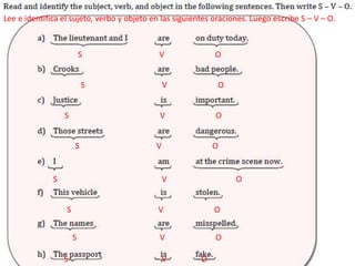 Lee e identifica el sujeto, verbo y objeto en las siguientes oraciones. Luego escribe S – V – O.



                          S                  V               O


                          S                     V             O


                  S                          V               O


                      S                     V                O


              S                                 V                  O


                  S                         V                O


                      S                      V               O

                  S                             V        O
 