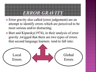  Error gravity also called (error judgement) are an
attempt to identify errors which are perceived to be
most serious and/or distracting.
 Burt and Kiparsky(1974), in their analysis of error
gravity ,twigged that there are two types of errors
that second language learners tend to fall into:
Local
Errors
Global
Errors
 