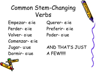 Common Stem-Changing Verbs Empezar- e:ie Querer- e:ie Perder- e:ie Preferir- e:ie Volver- o:ue Poder- o:ue Comenzar- e:ie Jugar- u:ue AND THAT’S JUST  Dormir- o:ue A FEW!!!!! 