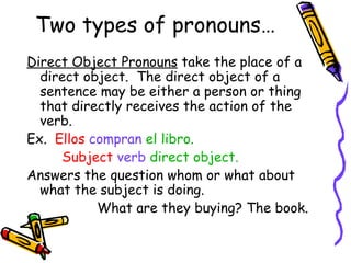 Two types of pronouns… Direct Object Pronouns  take the place of a direct object.  The direct object of a sentence may be either a person or thing that directly receives the action of the verb. Ex.  Ellos   compran   el libro. Subject   verb  direct object. Answers the question whom or what about  what the subject is doing.  What are they buying? The book. 