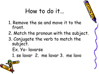 How to do it… 1. Remove the se and move it to the front.  2. Match the pronoun with the subject. 3. Conjugate the verb to match the subject. Ex. Yo- lavarse  1. se lavar  2.  me lavar 3.  me lavo 