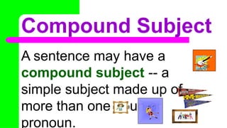 Compound Subject
A sentence may have a
compound subject -- a
simple subject made up of
more than one noun or
pronoun.
No Doubt
ACDC
 