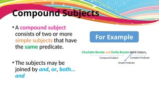 Compound Subjects
• A compound subject
consists of two or more
simple subjects that have
the same predicate.
• The subjects may be
joined by and, or, both…
and
Charlotte Bronte and Emily Bronte were sisters.
Compound Subject Complete Predicate
Simple Predicate
For Example
 