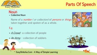 Noun 
 Collective Noun 
Name of a number ( or collection) of persons or things 
taken together and spoken of as a whole. 
E.g. 
 A Crowd -a collection of people 
 An Army - collection of soldiers 
EasyShiksha.Com - A Way of Simple Learning 
Parts Of Speech 
 