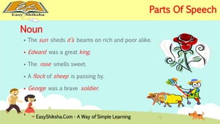 Noun 
 The sun sheds it’s beams on rich and poor alike. 
 Edward was a great king. 
 The rose smells sweet. 
 A flock of sheep is passing by. 
 George was a brave soldier. 
EasyShiksha.Com - A Way of Simple Learning 
Parts Of Speech 
 