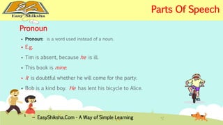 Pronoun 
 Pronoun: is a word used instead of a noun. 
 E.g. 
 Tim is absent, because he is ill. 
 This book is mine. 
 It is doubtful whether he will come for the party. 
 Bob is a kind boy. He has lent his bicycle to Alice. 
EasyShiksha.Com - A Way of Simple Learning 
Parts Of Speech 
 