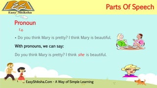 Pronoun 
E.g. 
 Do you think Mary is pretty? I think Mary is beautiful. 
With pronouns, we can say: 
Do you think Mary is pretty? I think she is beautiful. 
EasyShiksha.Com - A Way of Simple Learning 
Parts Of Speech 
 