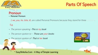 Pronoun 
 Personal Pronoun: 
I, we, you, he, (she, it), are called Personal Pronouns because they stand for three persons. 
E.g. 
 The person speaking –This is my book 
 The person spoken to – Those are your books 
 The person spoken of- That is her book 
EasyShiksha.Com - A Way of Simple Learning 
Parts Of Speech 
 