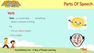 Verb 
Verb: is a word that tells something 
about a person or thing. 
E.g. 
 The sun shines brightly. 
 Harry laughs. 
EasyShiksha.Com - A Way of Simple Learning 
Parts Of Speech 
 