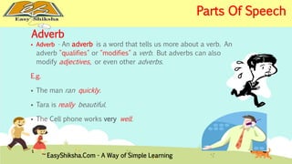 Adverb 
 Adverb - An adverb is a word that tells us more about a verb. An 
adverb "qualifies" or "modifies" a verb. But adverbs can also 
modify adjectives, or even other adverbs. 
E.g. 
 The man ran quickly. 
 Tara is really beautiful. 
 The Cell phone works very well. 
EasyShiksha.Com - A Way of Simple Learning 
Parts Of Speech 
 